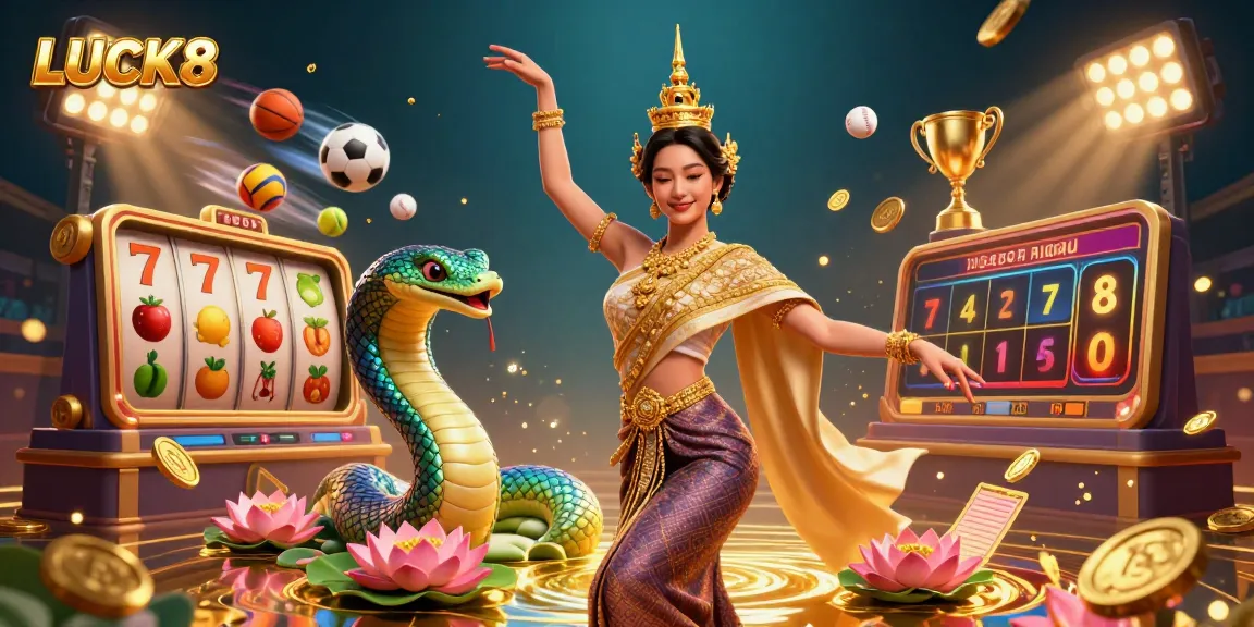 Experience LUCK8 thrills with a vibrant online casino scene, featuring ornate characters and jackpot elements.