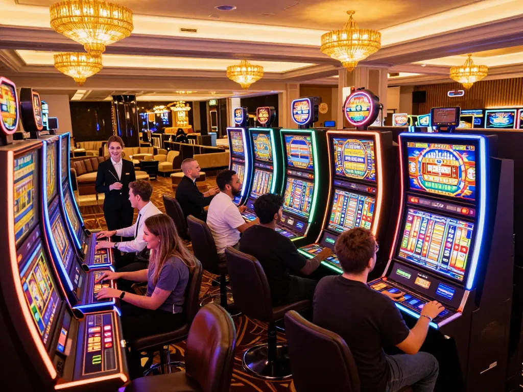 MM88 engaging players enjoying vibrant slot machines in a luxurious casino atmosphere.