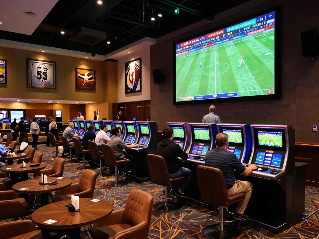 Engaged gamblers placing bets on kèo bóng đá in a vibrant casino sports betting area, lively atmosphere.
