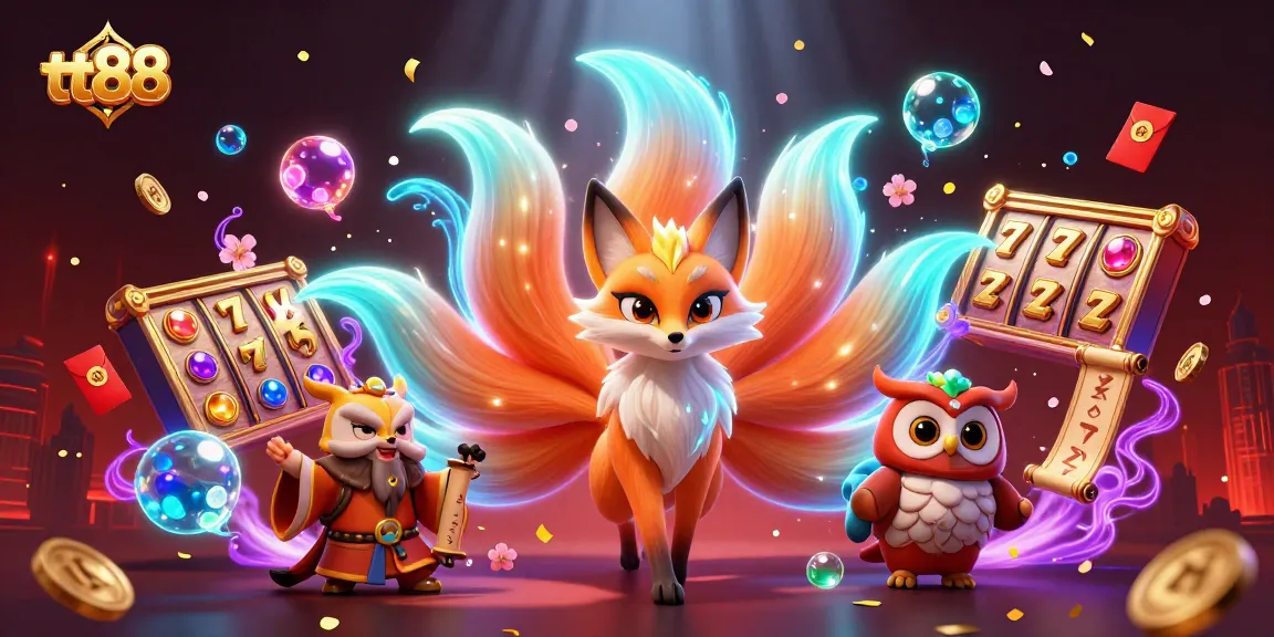 Engage with the vibrant tt88 casino scene featuring a colorful fox spirit among slot reels and lucky symbols.