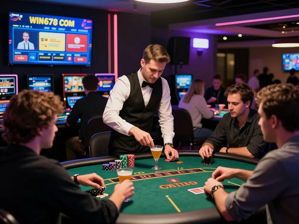 Engaged players enjoying win678 com online gaming atmosphere with cocktails and excitement.