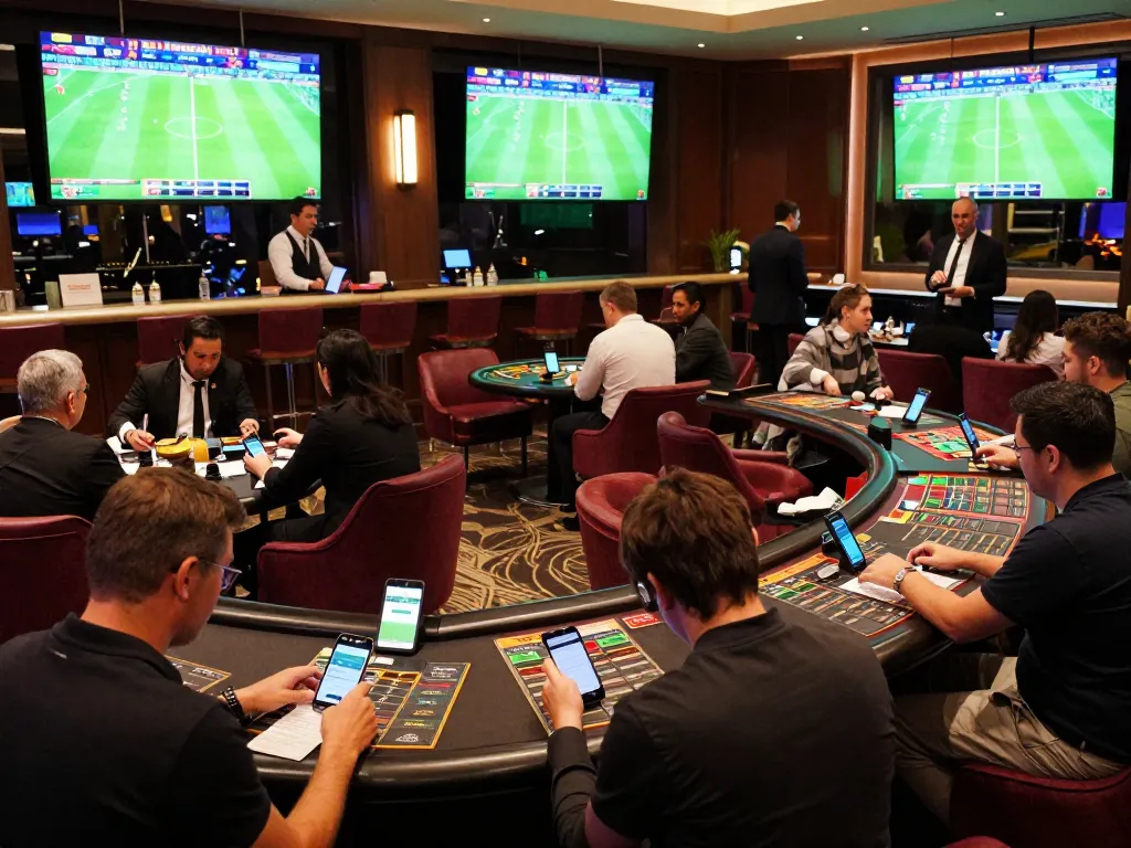 A dynamic football betting lounge with patrons placing bets, showcasing the excitement of ฟุตบอล in a high-end casino atmosphere