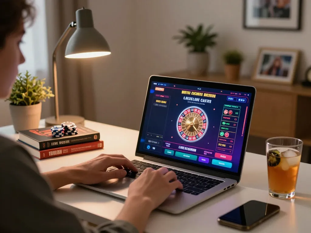 MM88 online gaming player engaged in live roulette at a stylish home setup