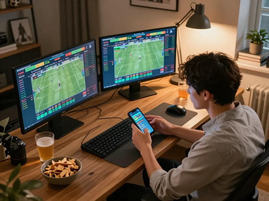 VIN88 user engaging in sports betting with multiple screens showing live events and real-time odds.