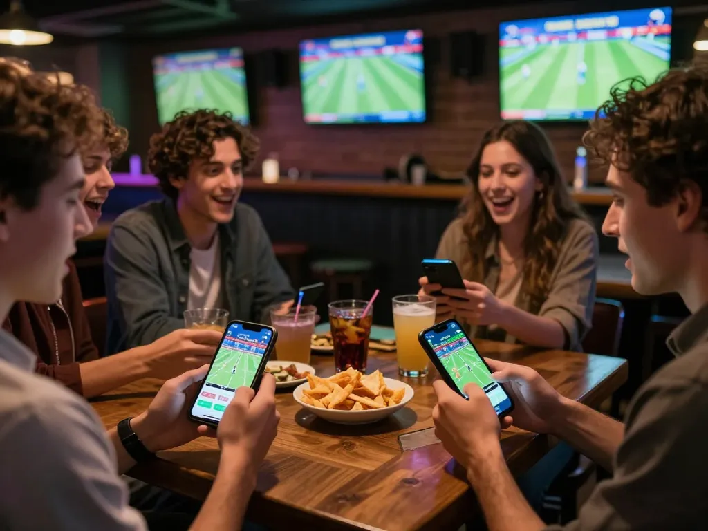 Cakhiatv users enjoying live sports betting in a social bar setting, checking odds on smartphones.
