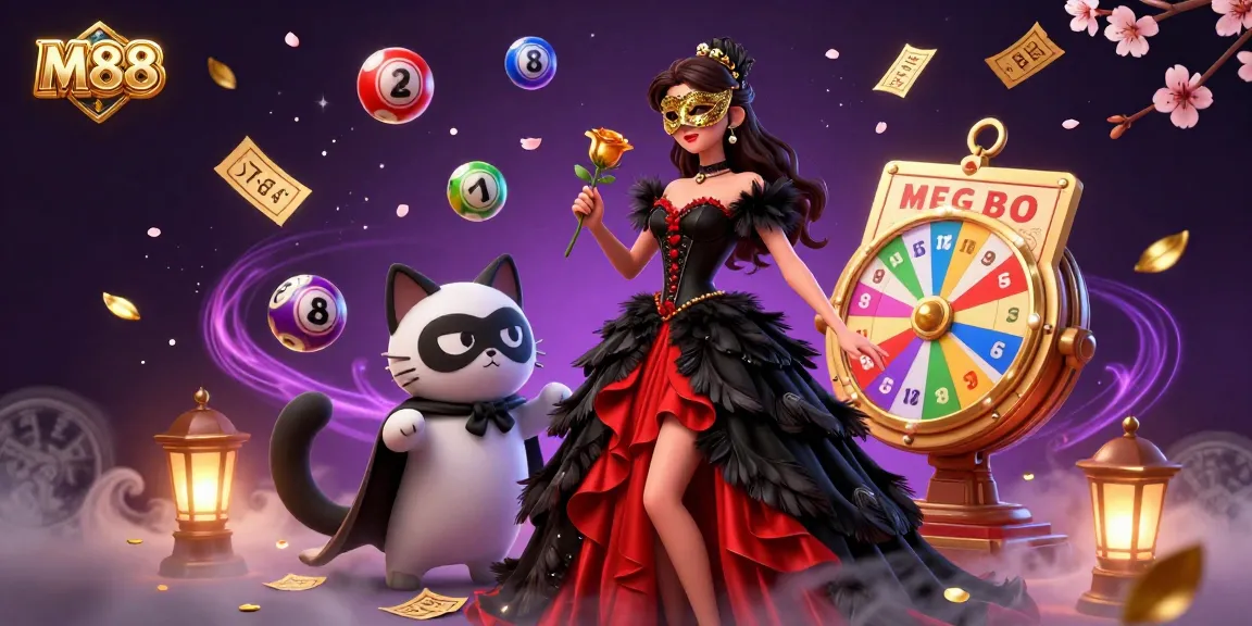 M88 offers thrilling gaming experiences with a dynamic scene of lottery elements and a masked companion, showcasing online gambling excitement.