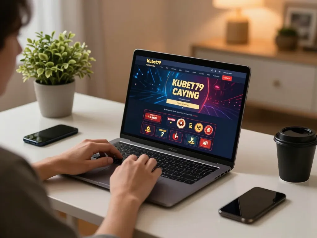 Engage with kubet79's online gaming interface at a stylish home setup featuring a laptop