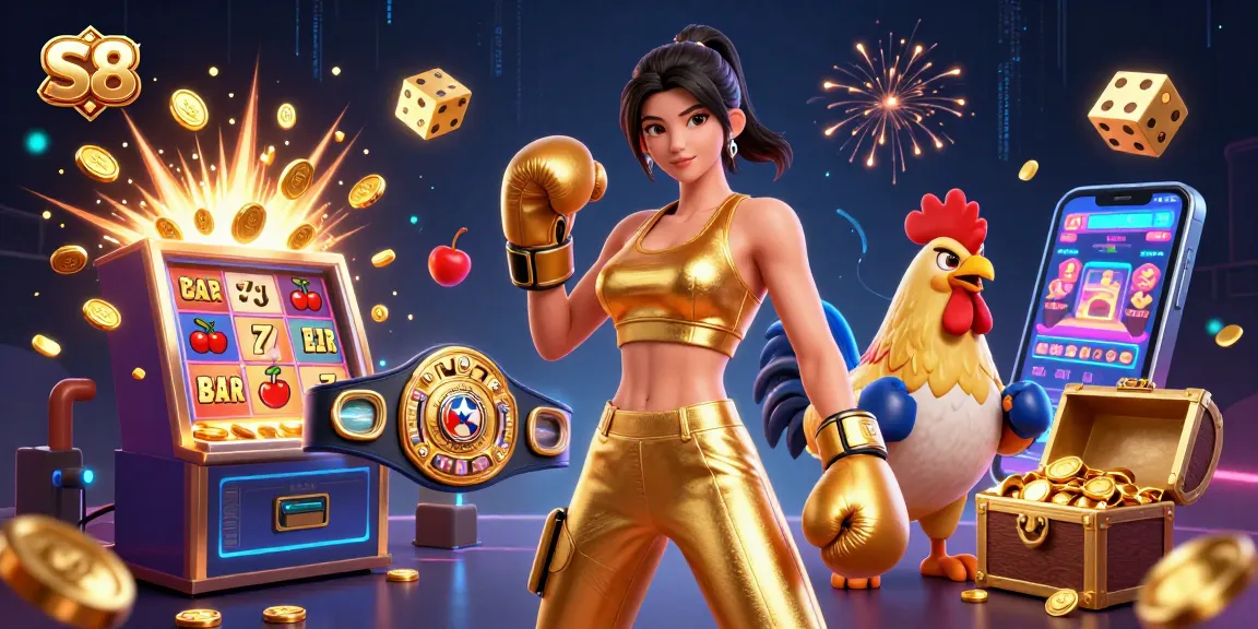 S8 offers an immersive gaming experience with vibrant 3D casino elements showcasing slots and champions.