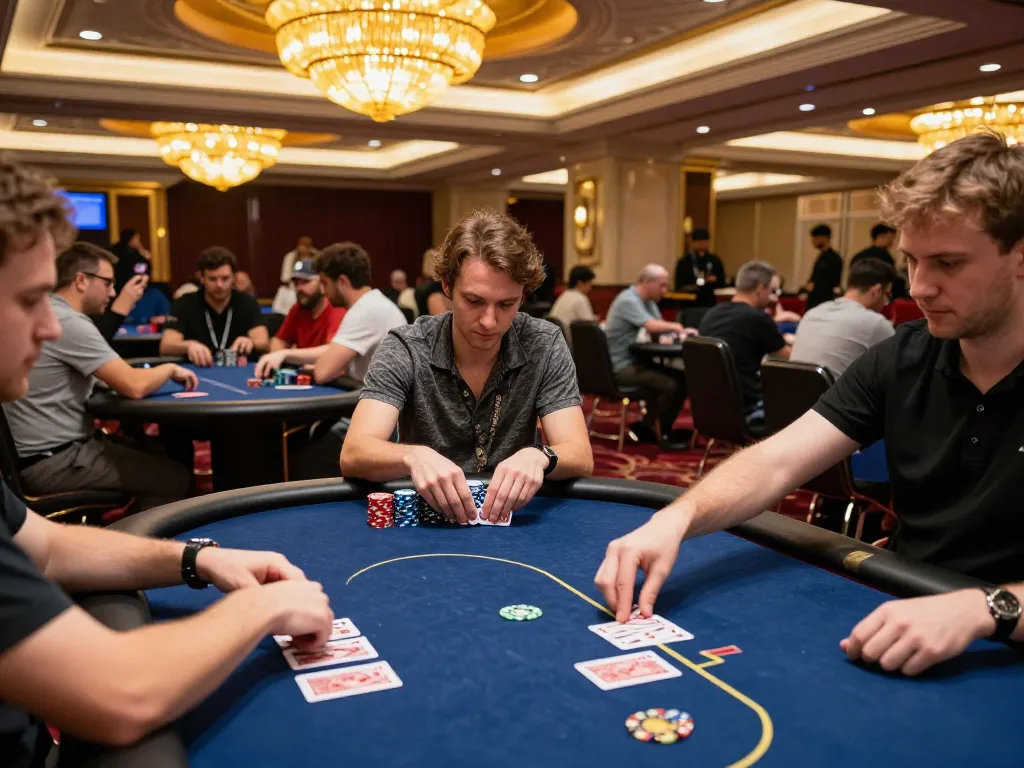 Players engaging in intense poker games at ALO8's luxurious casino, vibrant atmosphere enriched with action and excitement.