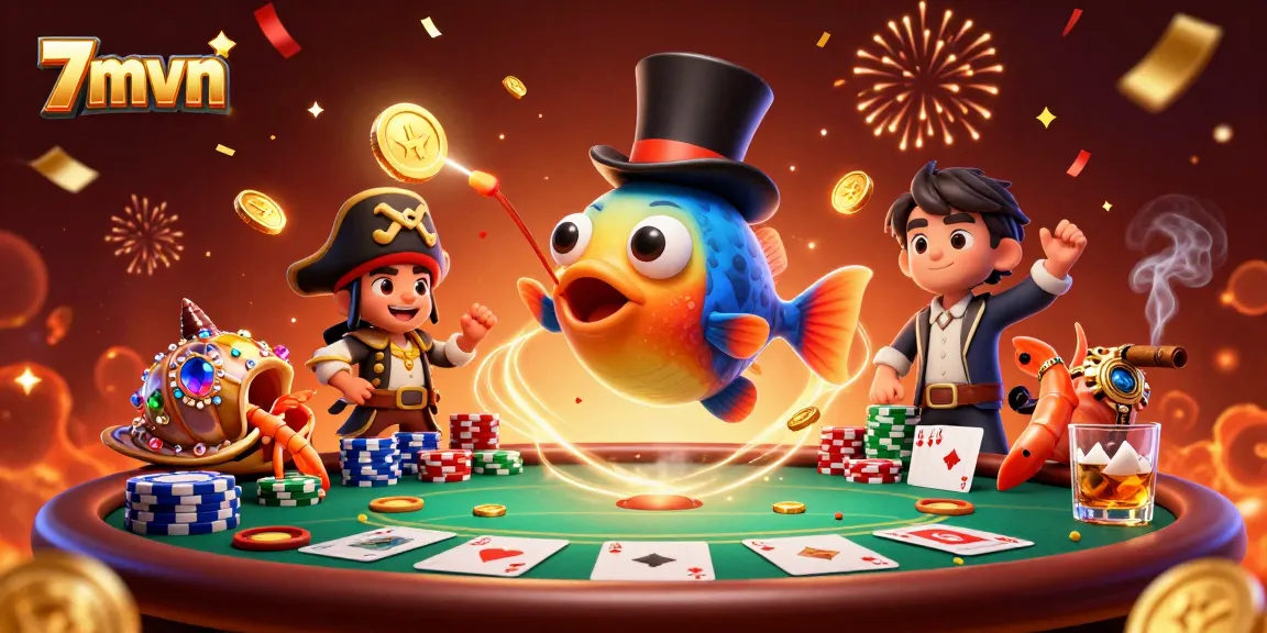 7mvn showcases a thrilling scene with anglerfish attracting golden coins at a lively poker table.