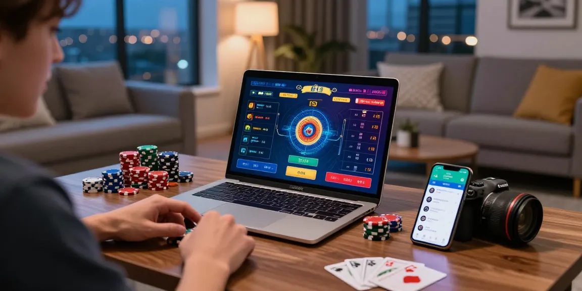User enjoying 123b online gambling with live dealer on laptop in a cozy living room.