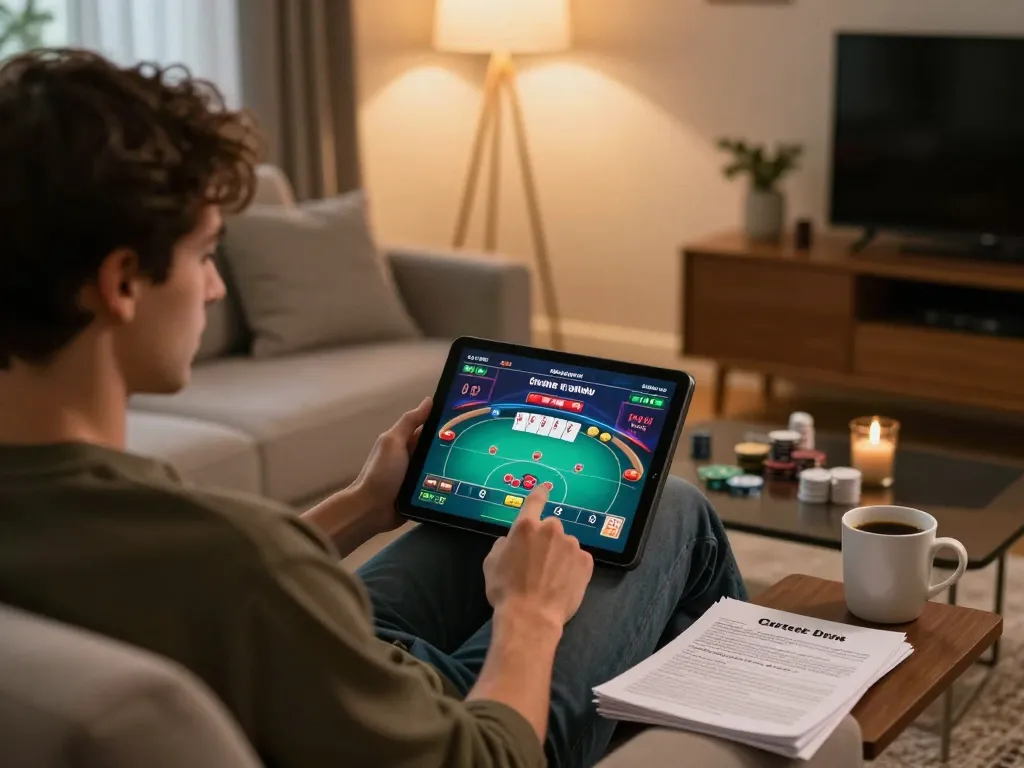 Engaging player strategizing at home gaming table while using gen-e betting platform