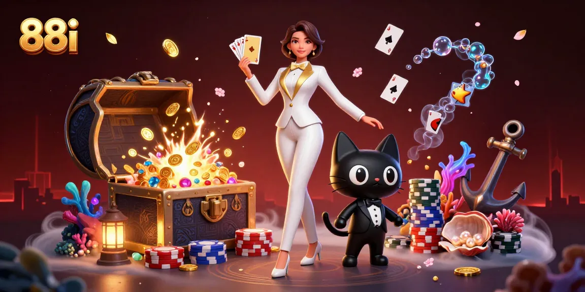 88i online casino illustration showcasing a glamorous woman and a tuxedo cat amidst vibrant casino elements.