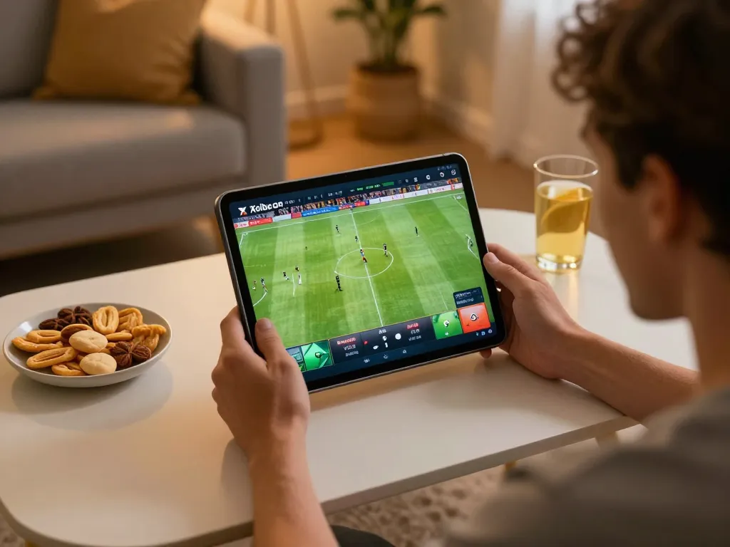 Xoilac xem trực tiếp soccer matches on a tablet, showcasing an immersive home gaming experience.