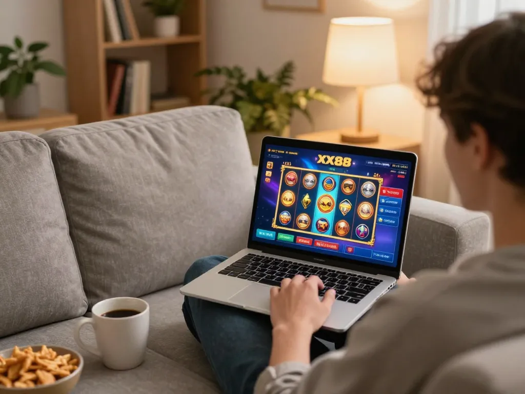 Player engaging in slot game action on XX88's online casino interface in a cozy home setting
