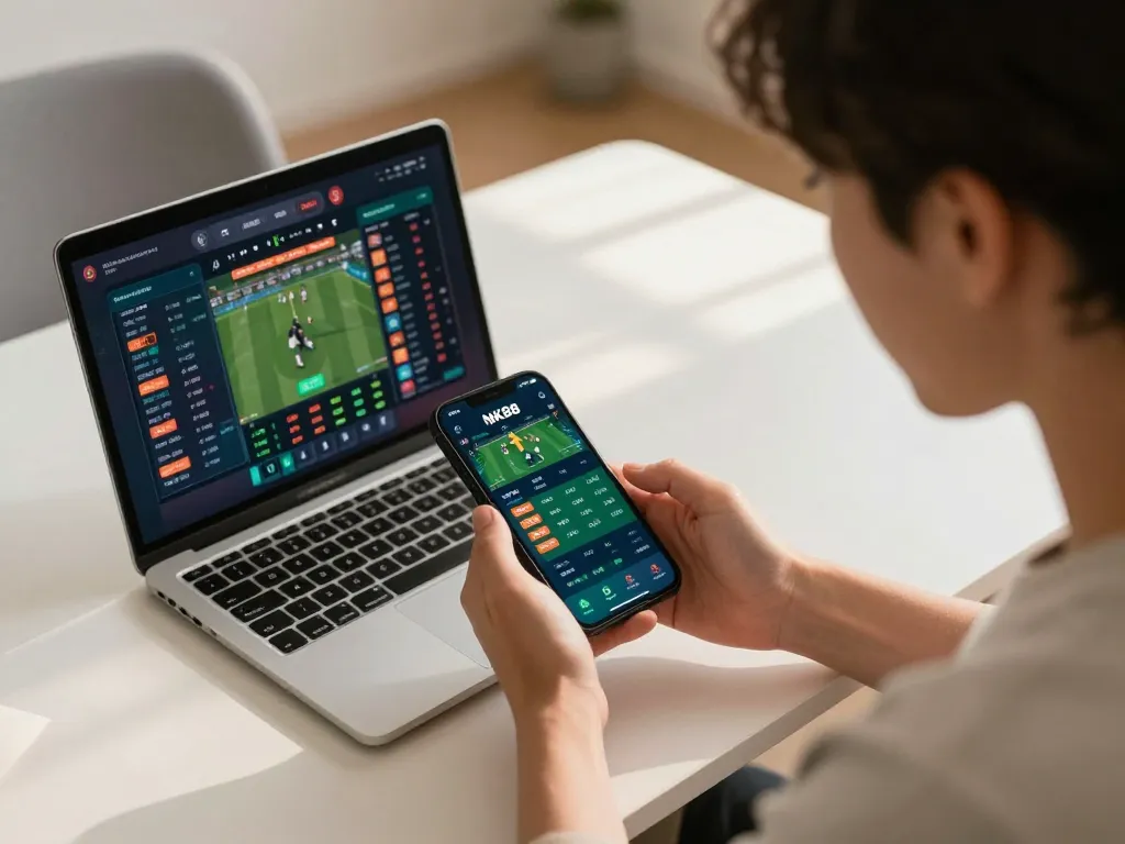 Person engaged in sports betting on NK88 app, showcasing excitement with live odds on smartphone.