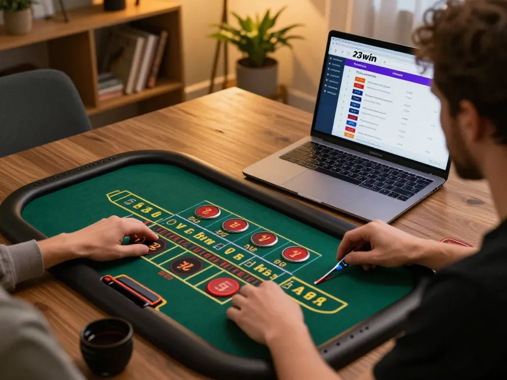 23win player enjoying a live dealer game at home, engaging with simultaneous devices for optimal gaming strategy