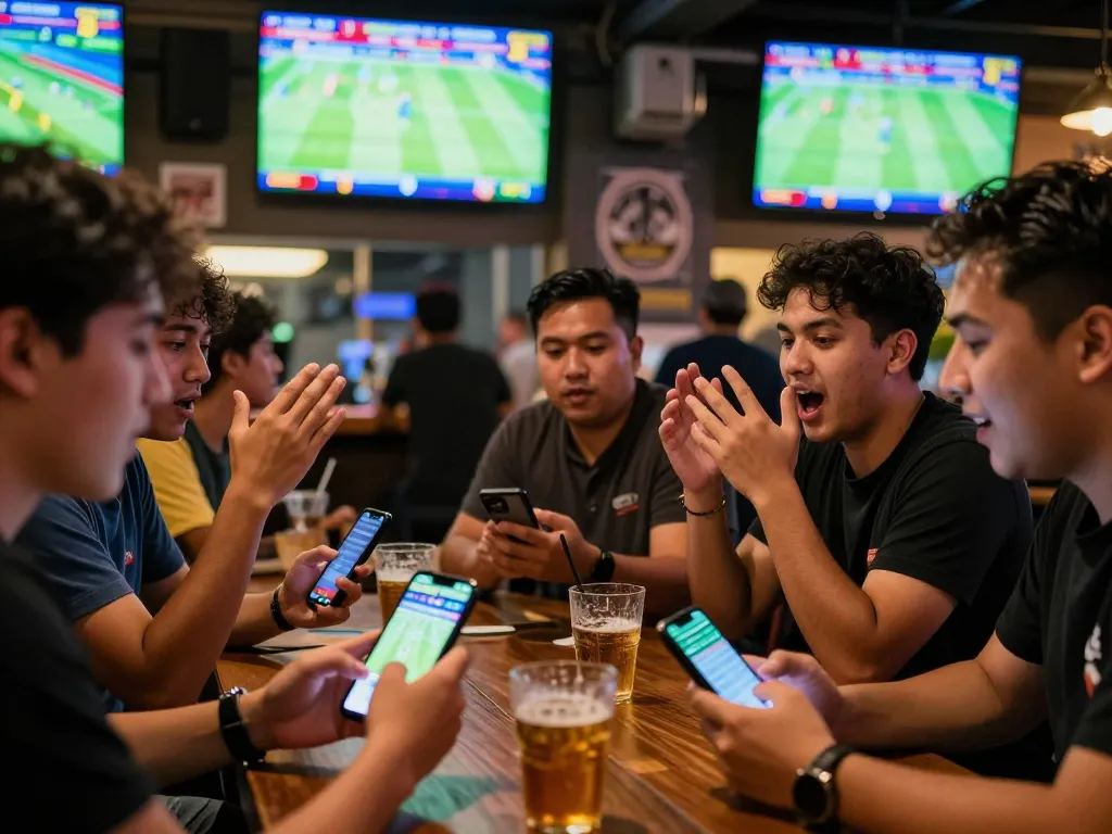 Engaged fans placing bets on บอล ออนไลน์ during a live football match in a lively bar
