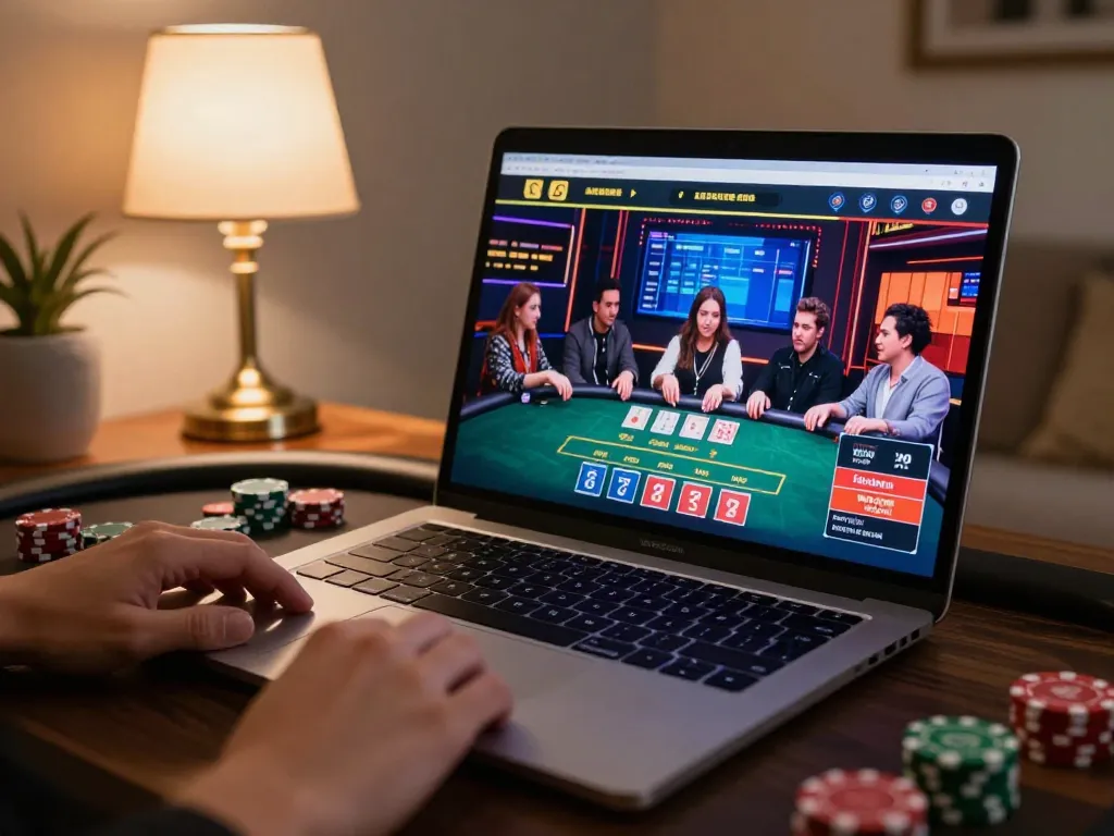 Engaging scene of a player enjoying online gaming at cf68 on a laptop, with live dealer action visible