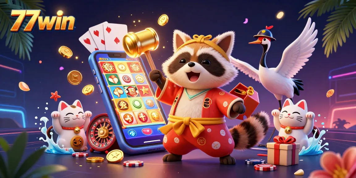 Experience the excitement of 77win with a vibrant 3D casino scene featuring celebrated characters and dynamic games.