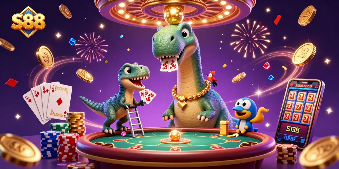 S88 interactive casino scene featuring engaging gaming elements, vibrant cards, and cascading coins.