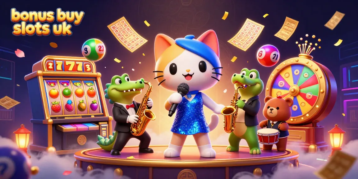 Engage with the vibrant world of bonus buy slots UK as characters celebrate at a lively casino stage.