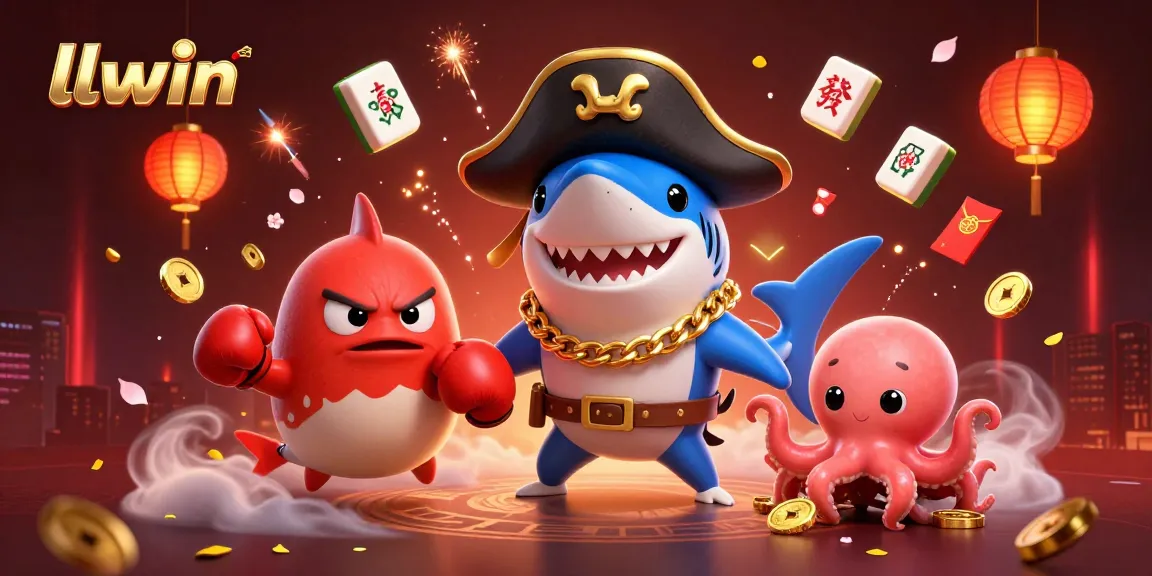 llwin online gaming promotes excitement with a 3D pirate shark, dynamic game elements, and gold coins.
