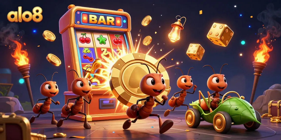 Alo8 ants transport a massive poker chip in a thrilling heist with casino elements.