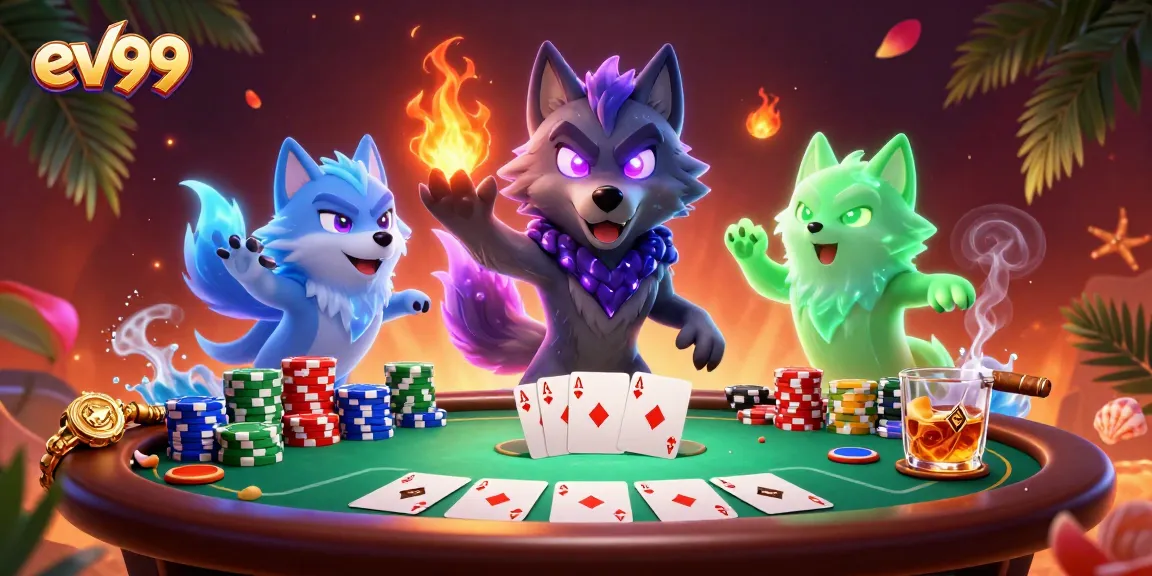ev99 showcases an intense poker scene with mystical wolf characters and vibrant casino elements.