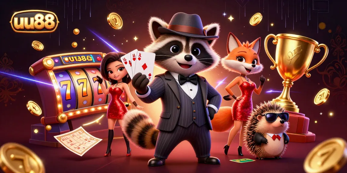 uu88 offers an engaging gambling experience, showcasing a suave raccoon and lively elements in a casino setting.