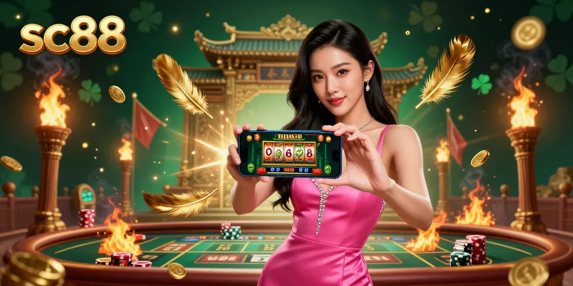 Experience thrilling action with sc88, showcasing an engaging live casino game on a smartphone amidst vibrant casino elements.