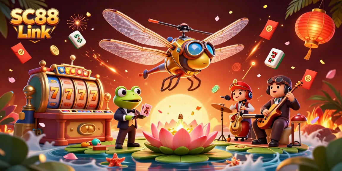 Engage at SC88 Link with thrilling slot games amidst vibrant 3D casino scenery featuring a unique dragonfly pilot.