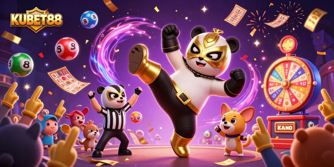 KUBET88 engages players with vibrant, dynamic casino elements featuring a panda wrestler and energetic scenes of excitement.