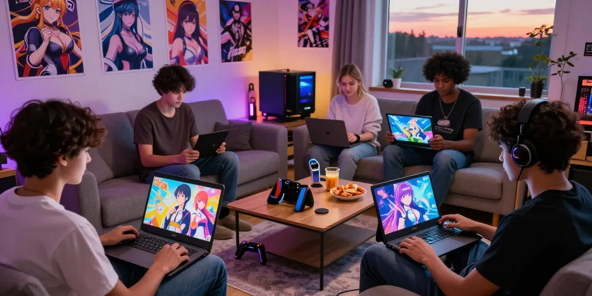 Engaged gamers playing an ecchi simulator in a cozy living room, showcasing vibrant visuals and animated characters.
