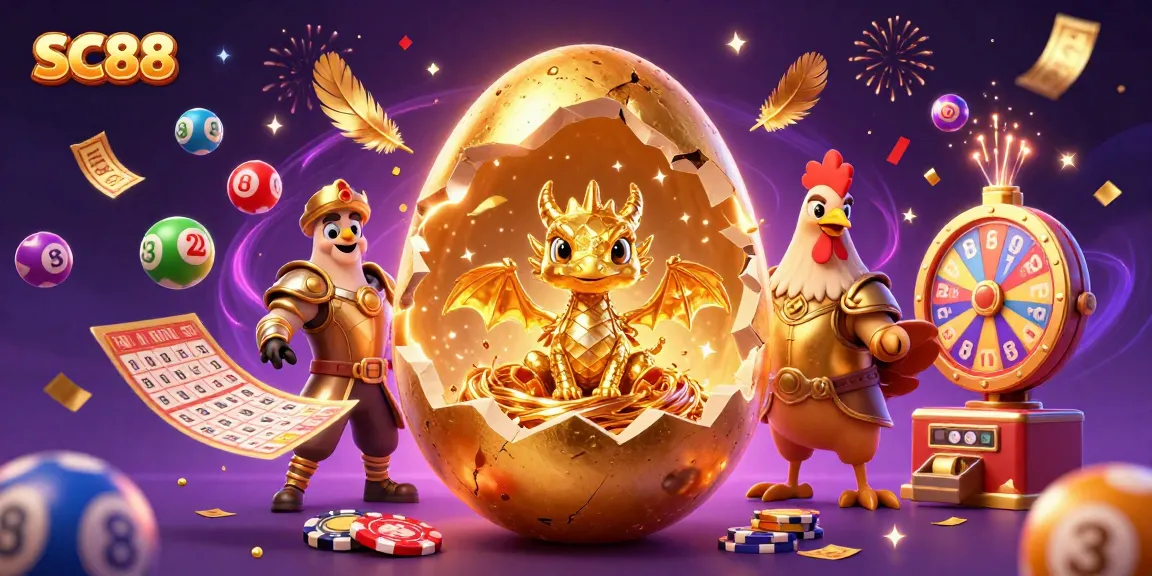 Experience the excitement of SC88 casino with golden dragon, poker chips, and lottery elements.