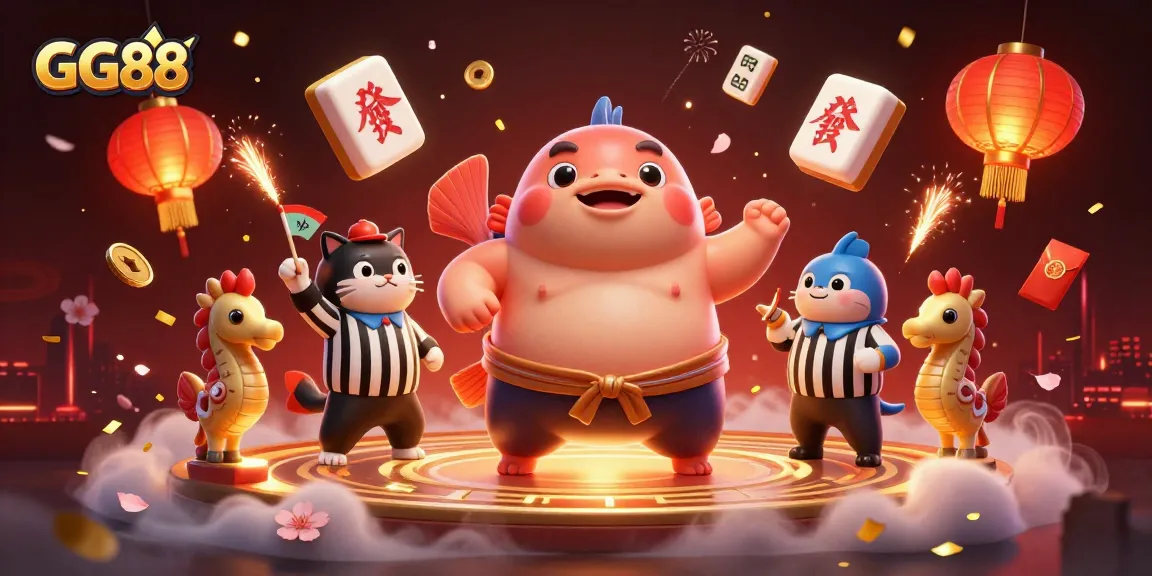Engage with GG88's immersive cartoon casino scene featuring a fugu in a sumo belt and lively sea creatures.