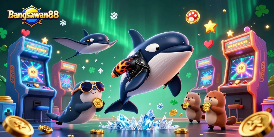 Bangsawan88 engages gamblers with this vibrant scene featuring a biker orca, stingray, and otters amidst gaming excitement.