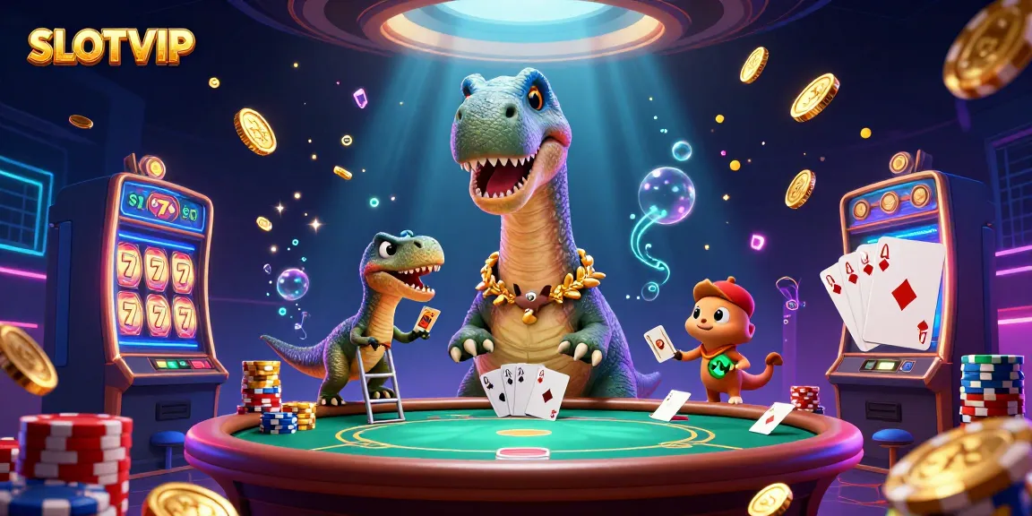 SLOTVIP's vibrant casino scene with a giant cartoon brontosaurus and dynamic slot machine elements.