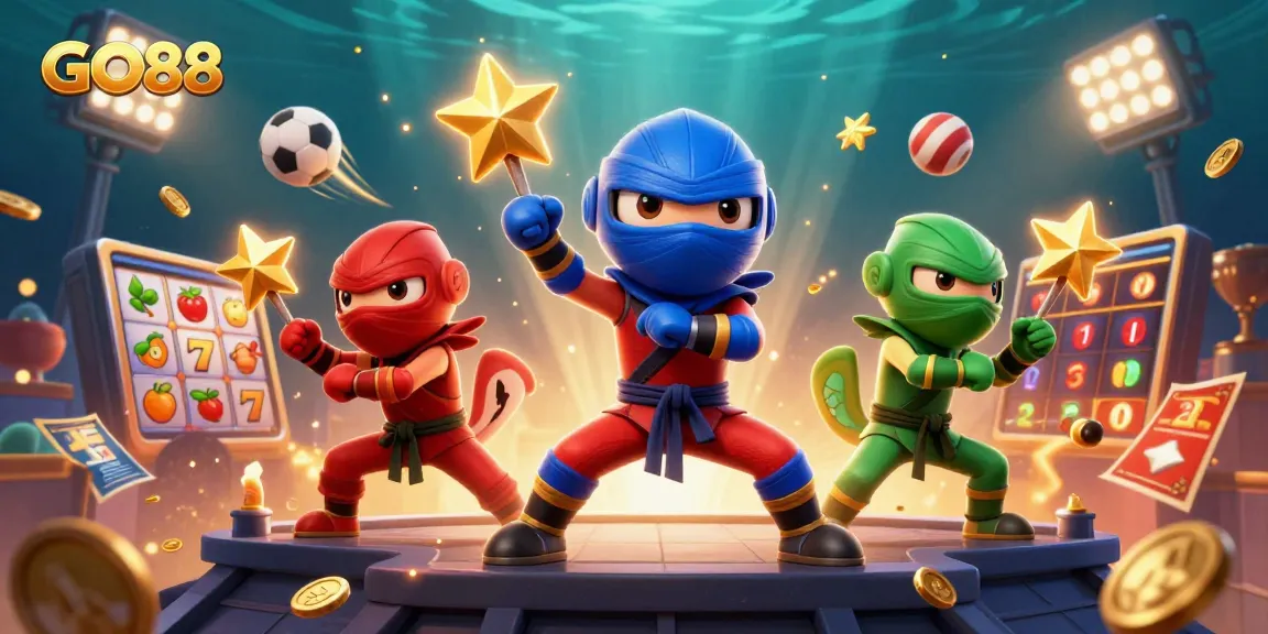 Engage in thrilling slots action at GO88 with vibrant 3D characters and casino elements.