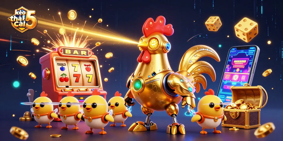 Engage with kèo nhà cái 5 showcasing a golden rooster robot and baby chick drones amid dynamic casino elements.