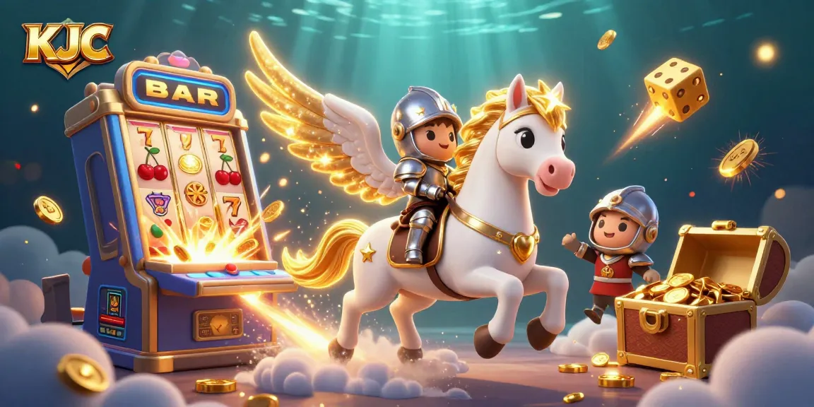 Play thrilling games with KJC featuring a celestial horse, vibrant slots and jackpot symbols.