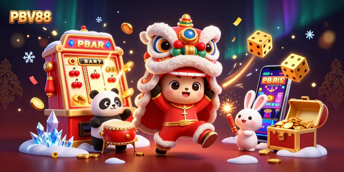 Experience the excitement of PBV88 with a vibrant 3D illustration of a lion dance, jackpot slots, and festive characters.