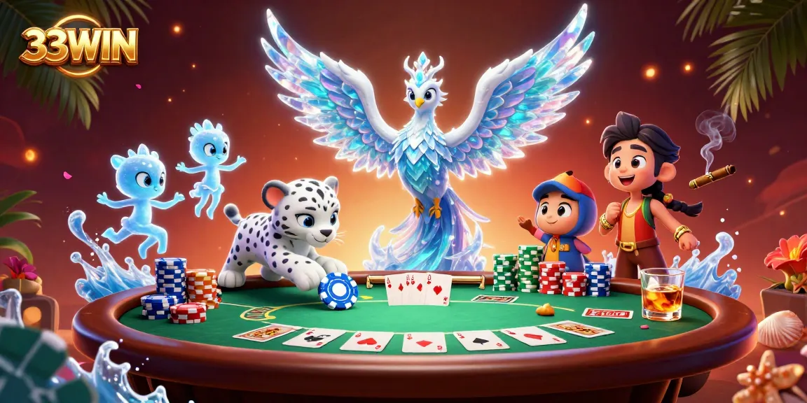 Experience the thrill of 33WIN with this vibrant poker scene featuring mystical characters and casino elements.