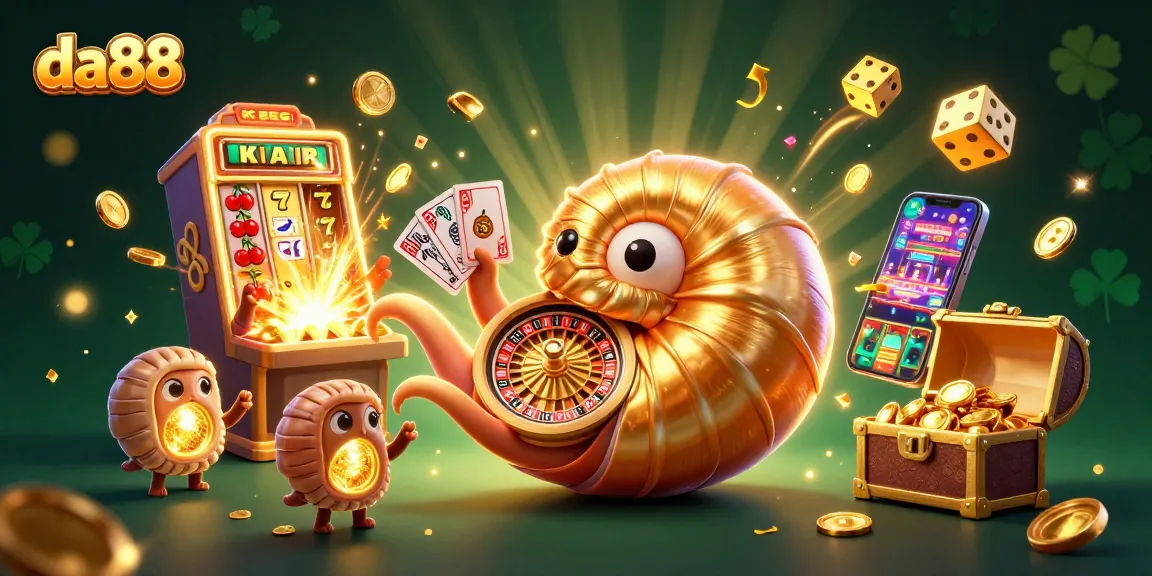 Experience excitement at da88 with a vibrant 3D casino illustration showcasing bonuses and jackpots.