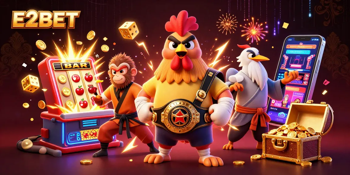 E2BET gaming experience with a lively Muay Thai rooster, Shaolin monkey, and wise crane in a vibrant casino scene.
