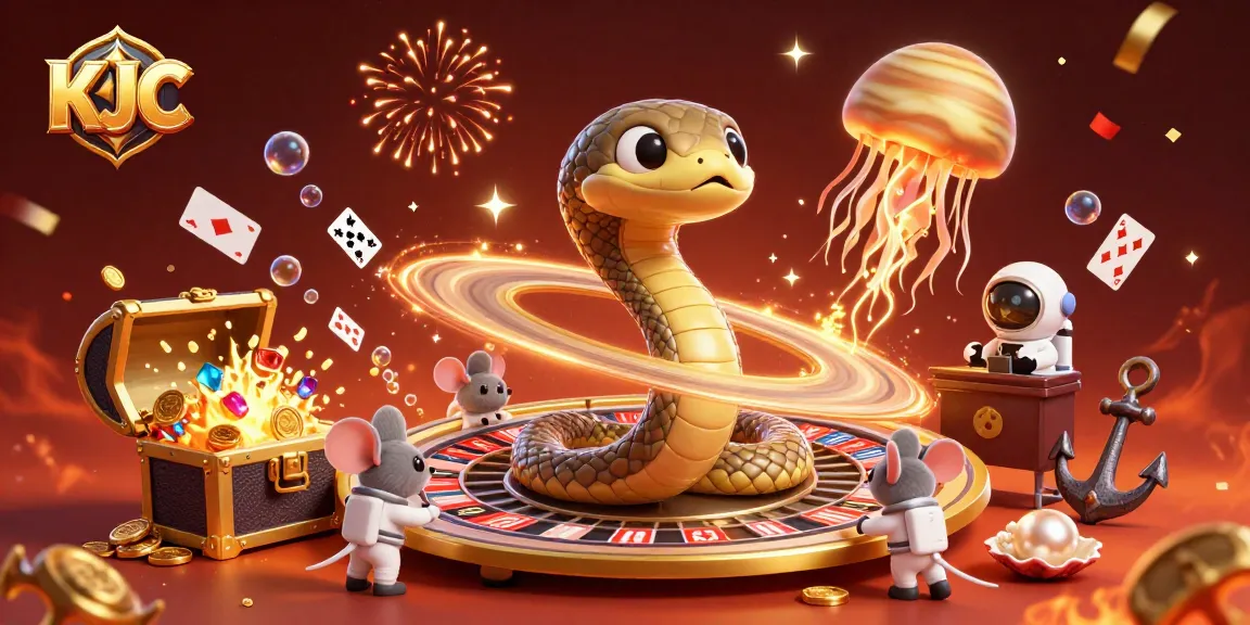 KJC offers a vibrant online experience with cartoon characters gambling amid gold coins and colorful gems.