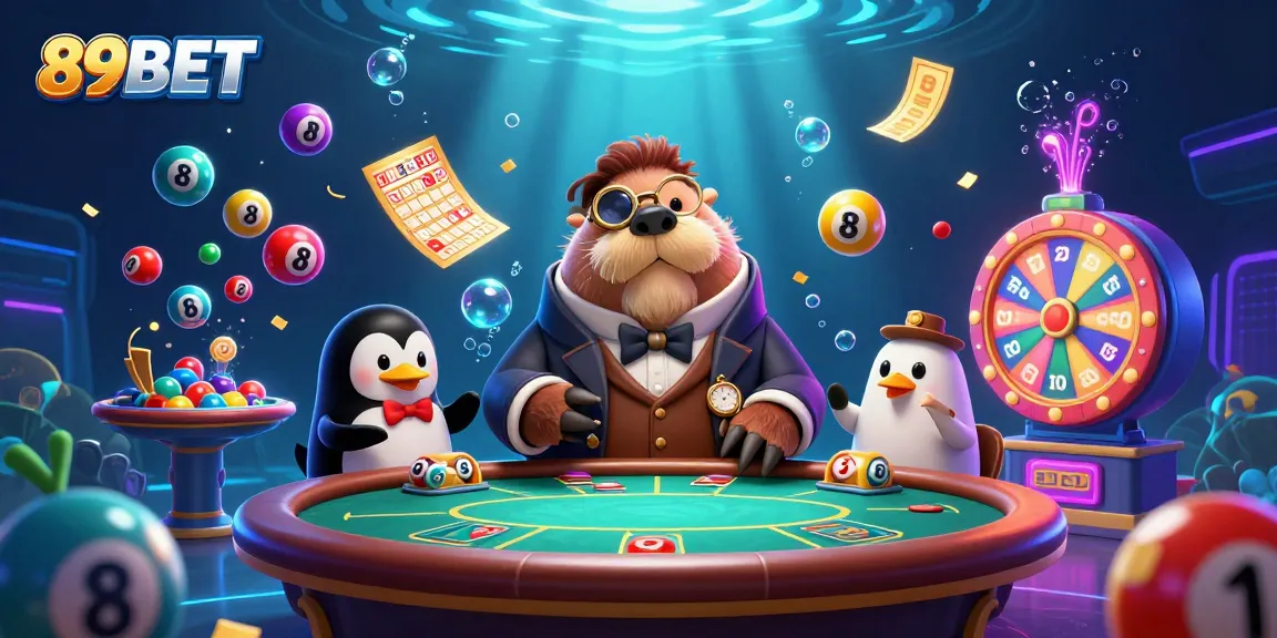 Engage with 89BET as a jolly walrus plays poker underwater, adding excitement to casino gaming.