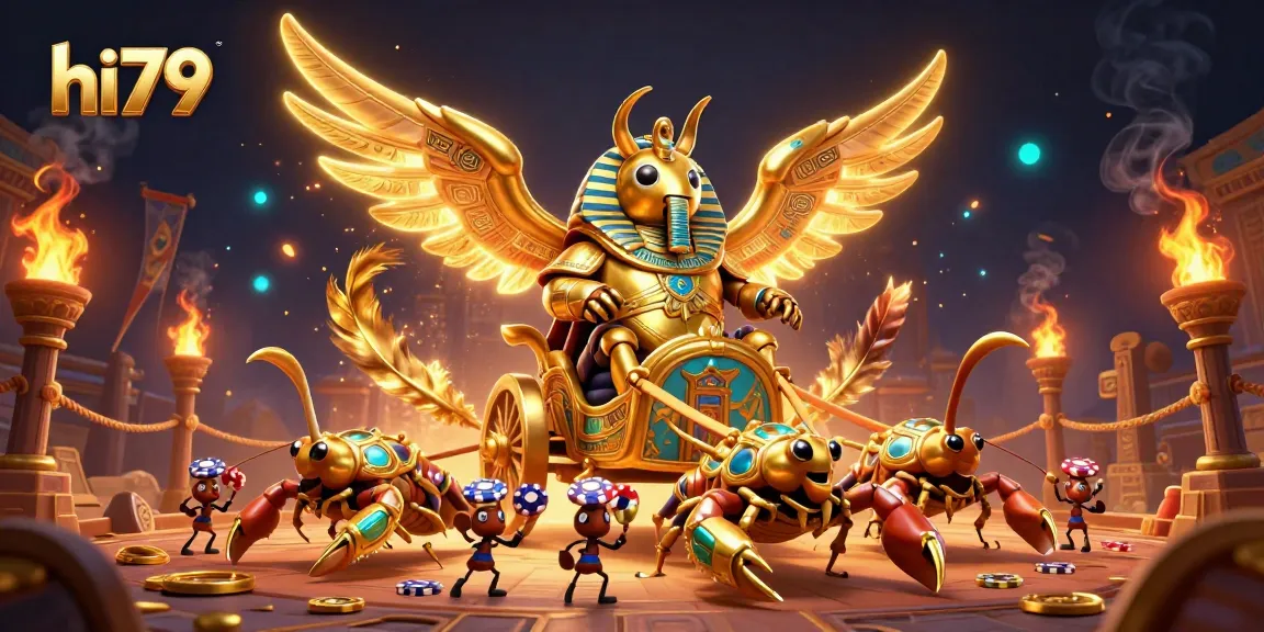 hi79 glowing scarab beetle chariot rides among casino tokens in dynamic battle.