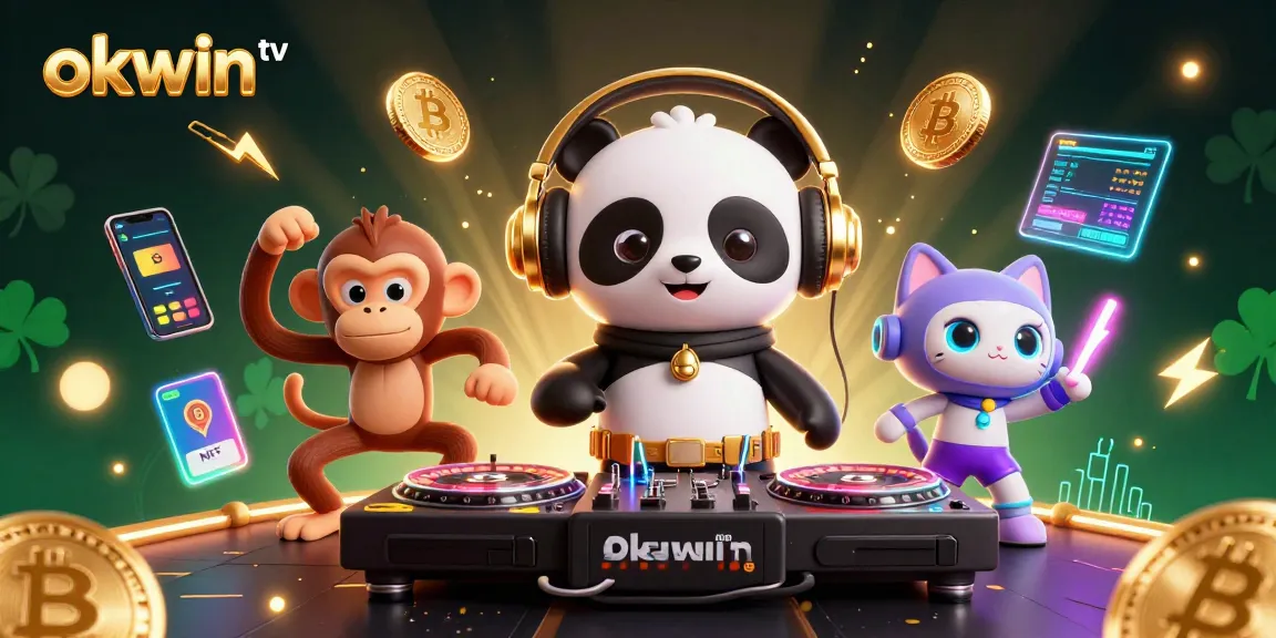 Engage with okwin tv's vibrant gaming scene featuring a DJ panda, dancing monkey, and glow-stick kitten.
