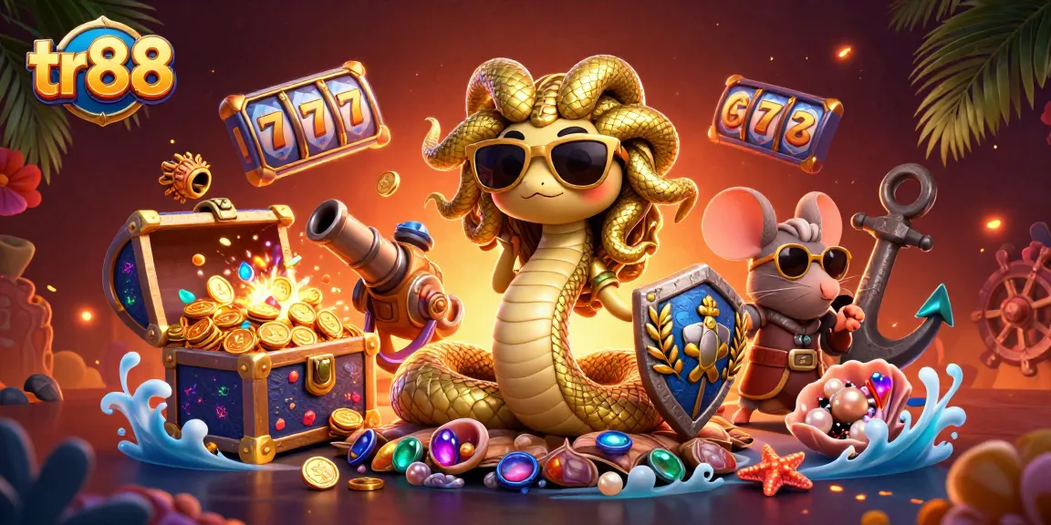 Win big with tr88's cute Medusa and a warrior in a vibrant, casino-themed scene filled with treasures.